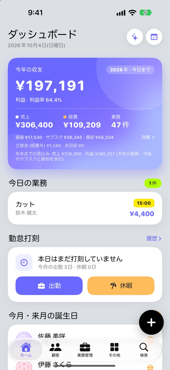 ホーム画面。今年の収支のカードに、利益 197,191 円・利益率 64.4%、売上 306,400 円、経費 109,209 円、業務 47 件が並び、その下に今日の業務と勤怠打刻がある