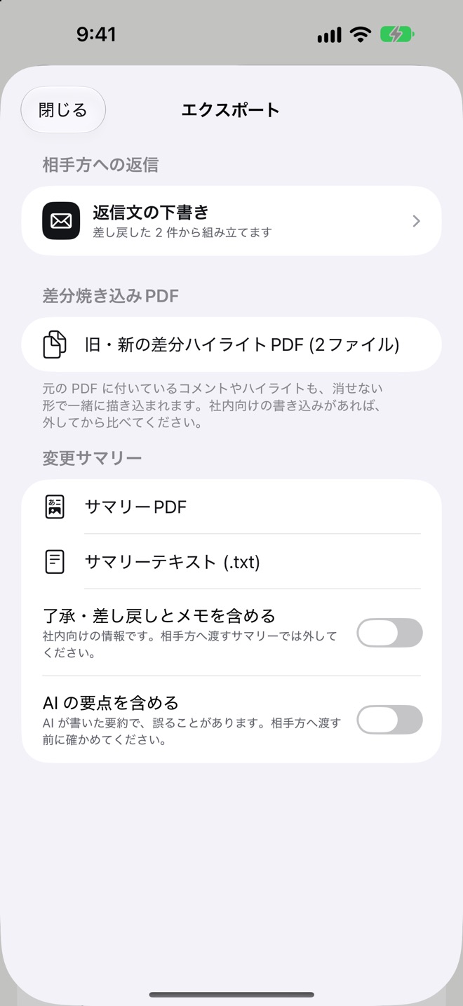 エクスポートの画面。相手方への返信として「返信文の下書き」、差分焼き込み PDF として「旧・新の差分ハイライト PDF(2 ファイル)」、変更サマリーとしてサマリー PDF とサマリーテキストが並び、了承・差し戻しとメモを含めるか、AI の要点を含めるかのスイッチがある