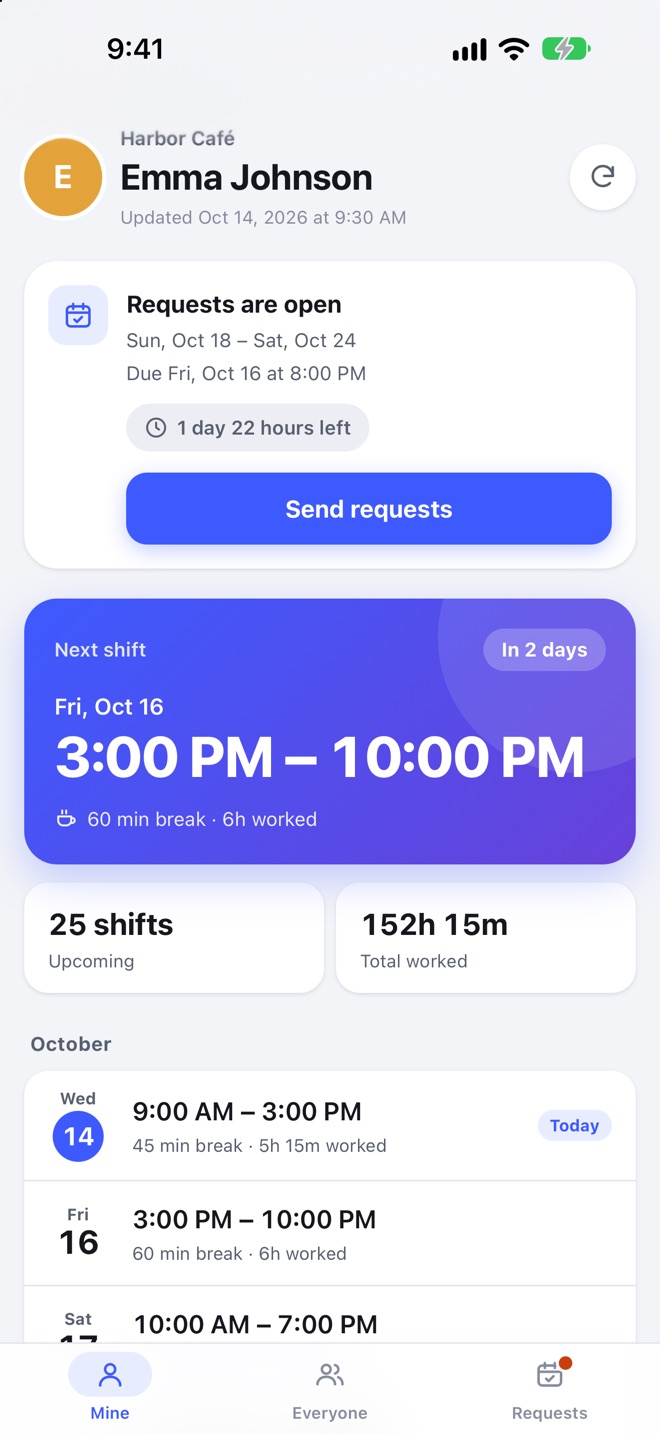 A staff member's page with open requests and the time left until the deadline, their next shift, and a list of this month's shifts
