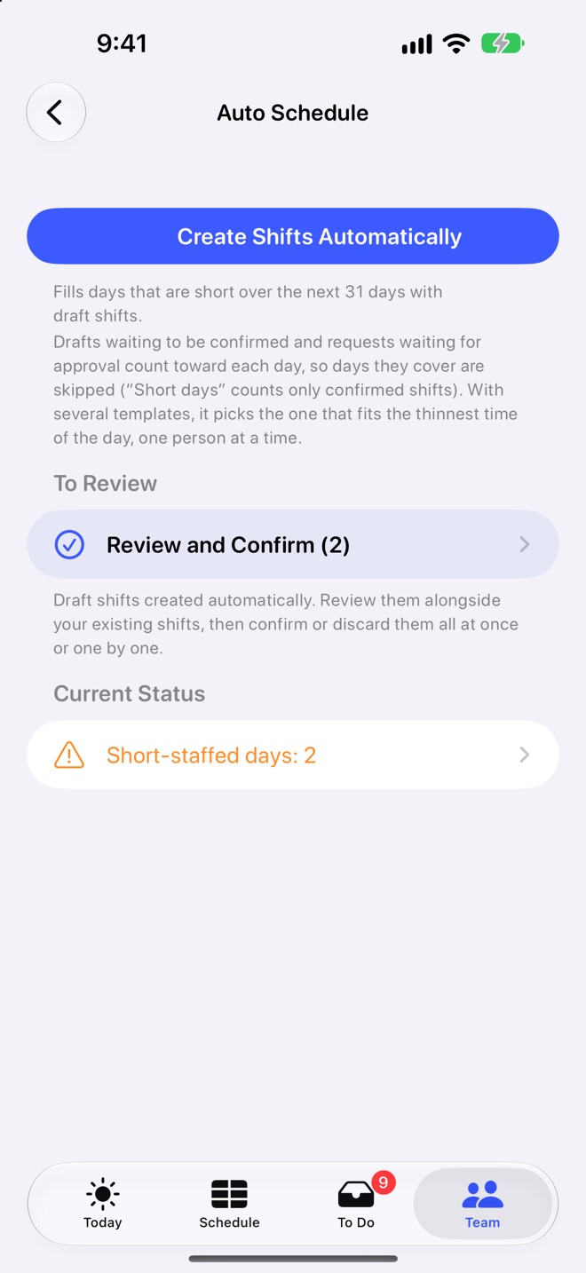 The automatic scheduling screen with drafts waiting for review and the number of short days