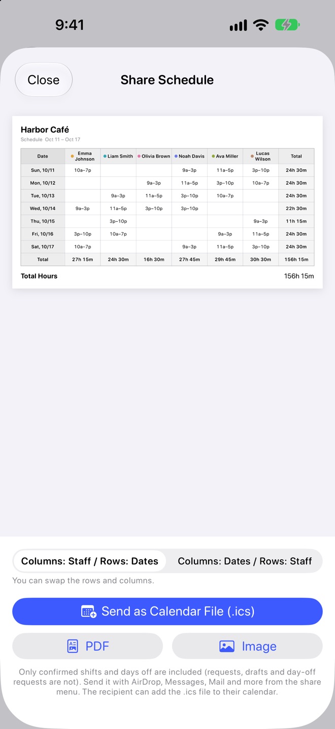 The share screen with a schedule preview and buttons for calendar file, PDF and image