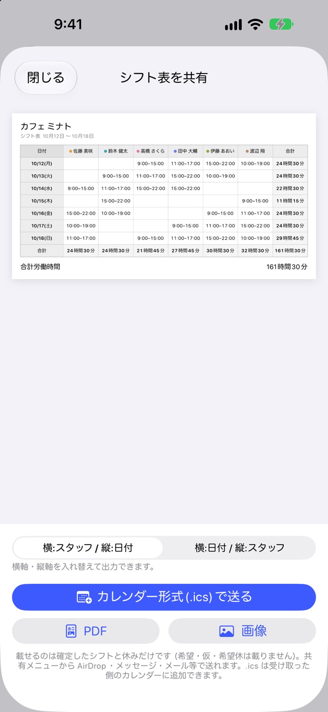 シフト表を共有する画面。表のプレビューと、カレンダー形式・PDF・画像のボタンが並ぶ